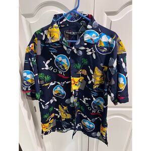 Box Office Island Bowling Shirt Mens L Novelty Hawaiian Bowling Pins Strikes Suf